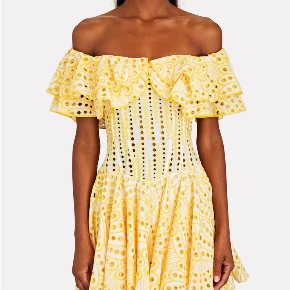 Charo Ruiz Ibiza Yelloe Eyelet Off Shoulder Mini Dress